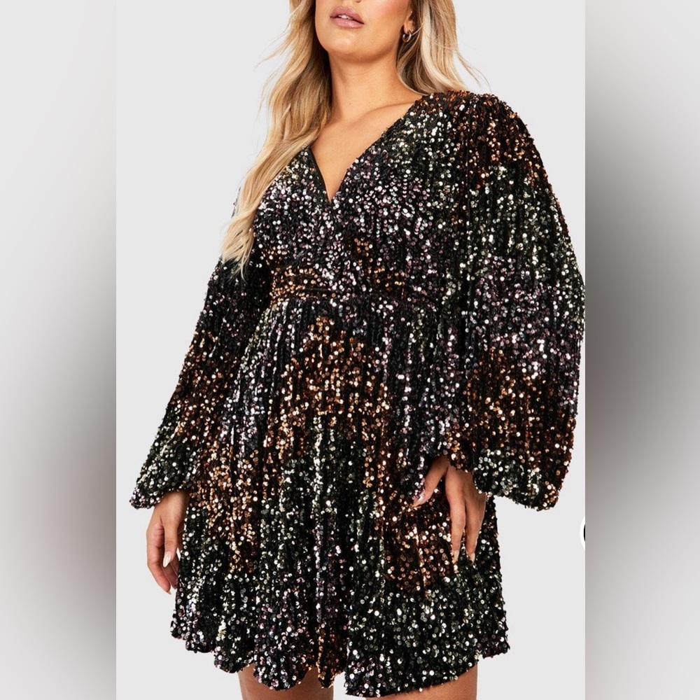 Boohoo rainbow sequin Blouson skater dress NWT size 14 - Picture 4 of 11